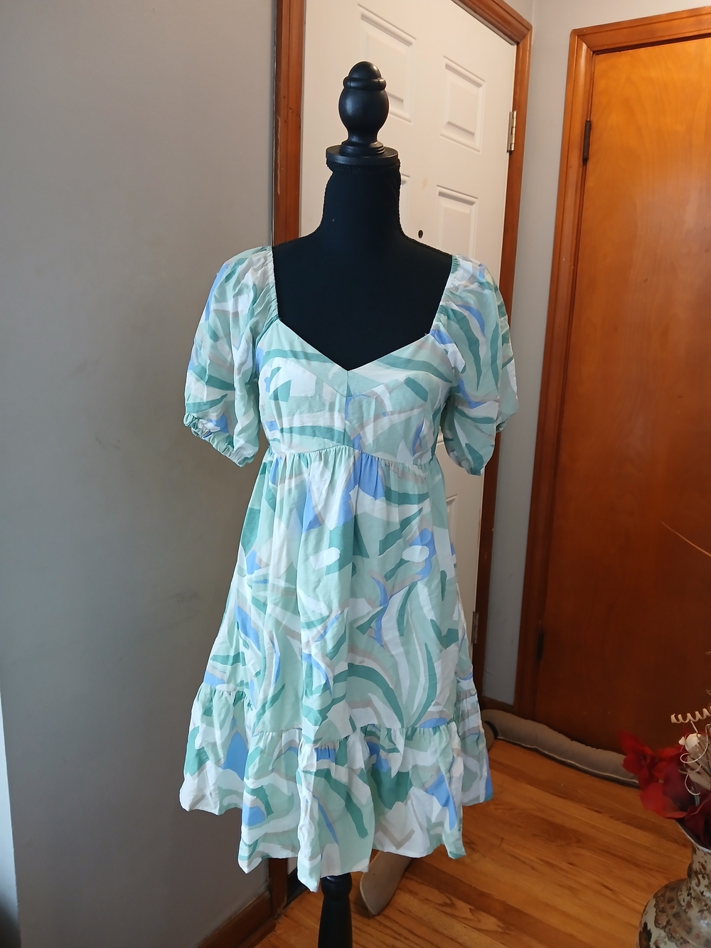 Nine West Smocked Pastel Mint Puff-Sleeve Mini Dress Multi Color Women's XS - Picture 2 of 8
